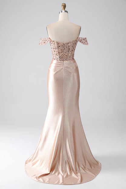 Mermaid champagne tight fitting corset prom dress