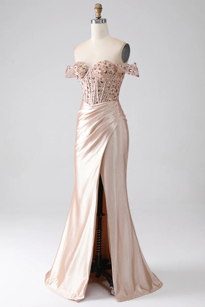 Mermaid champagne tight fitting corset prom dress