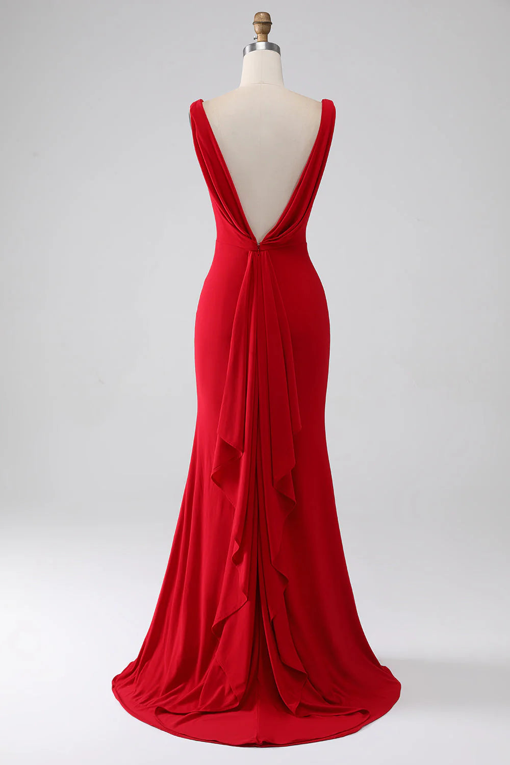 Fish tail V-neck red slit prom dress