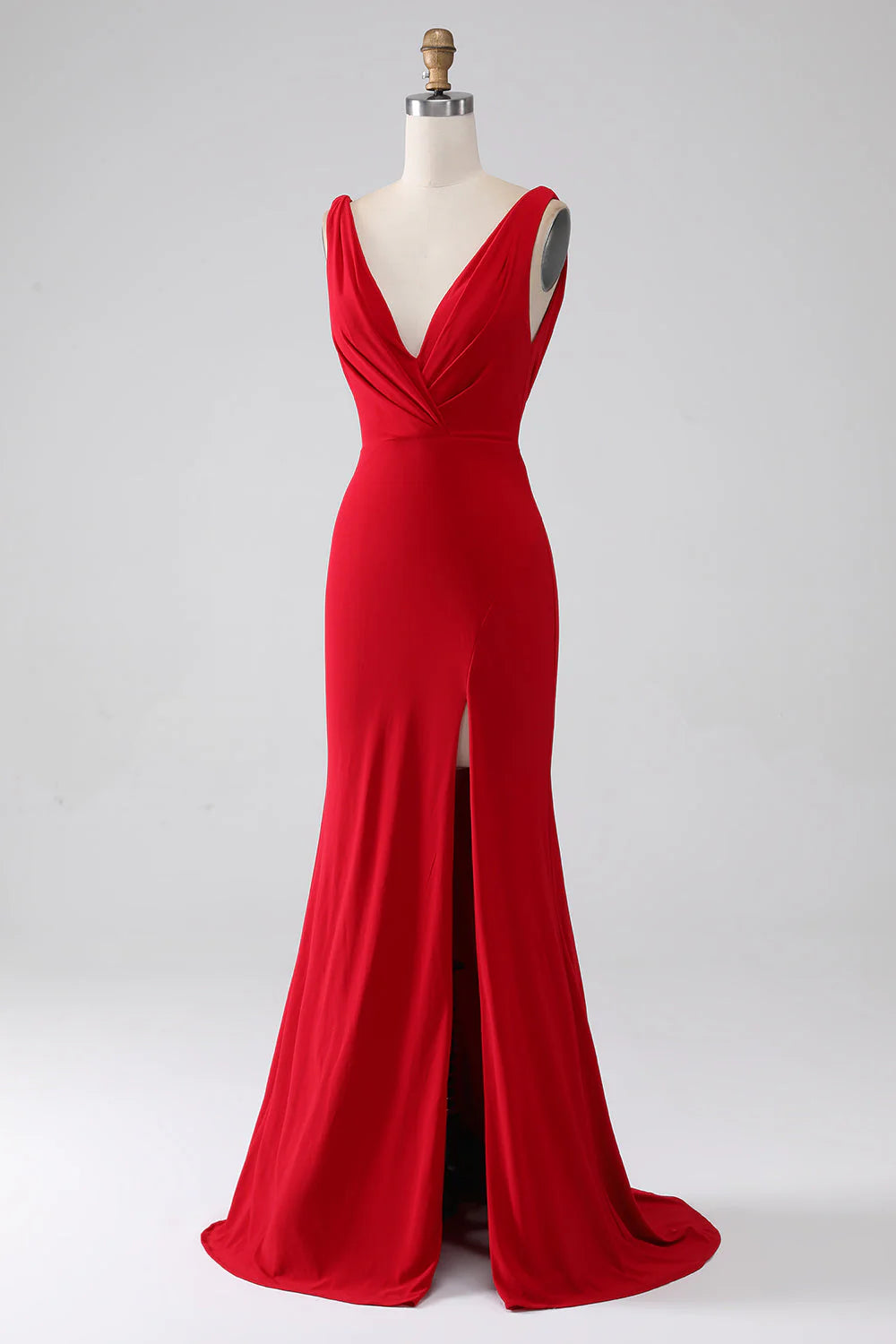 Fish tail V-neck red slit prom dress