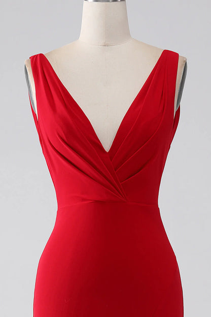 Fish tail V-neck red slit prom dress