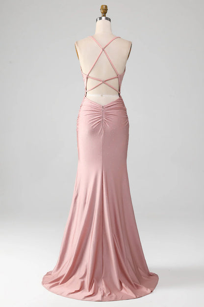 Shiny powder blusher beaded long fishtail prom dress