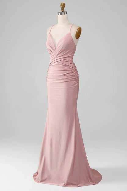 Shiny powder blusher beaded long fishtail prom dress
