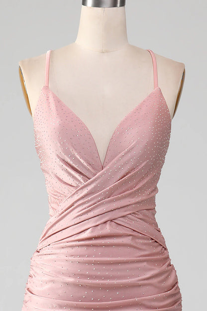 Shiny powder blusher beaded long fishtail prom dress