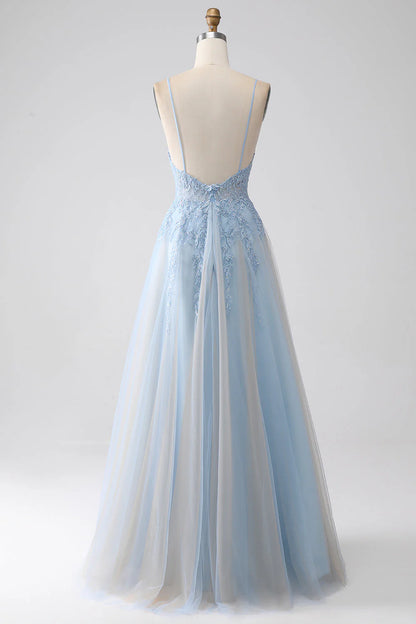 A-shaped thin shoulder strap with gray blue beaded prom dress