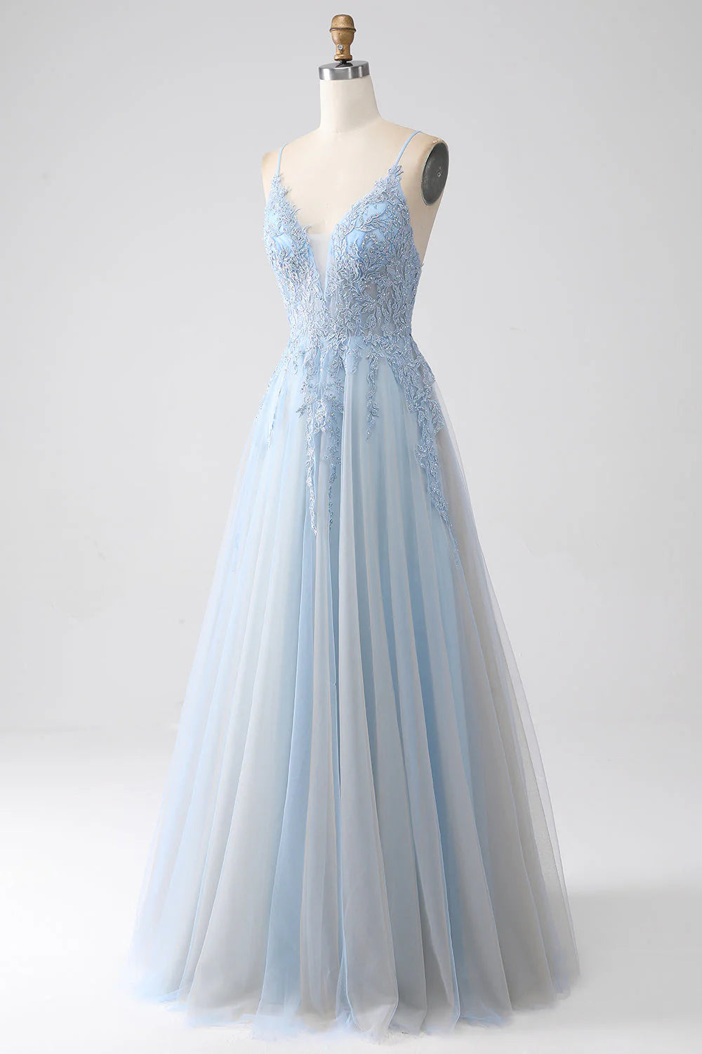 A-shaped thin shoulder strap with gray blue beaded prom dress