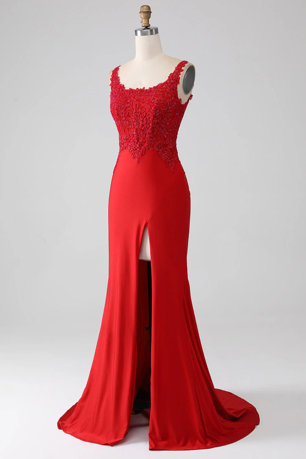 Red slit beaded long prom dress