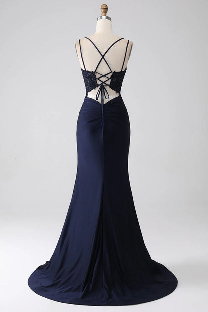 Lotus edge fish tail skewers in Zhuhai military blue prom dress