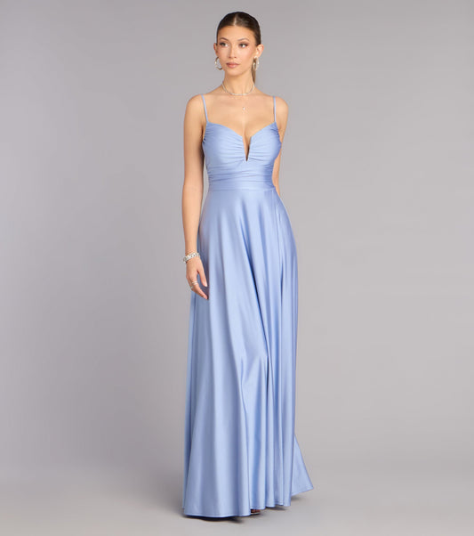 Jersey A-Line Sweetheart Spaghetti Strap Ruched Open Back High Slit Floor Length Evening Dress