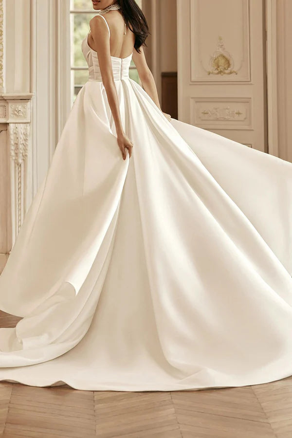 A Line thin shoulder strap pearl satin plain wedding dress