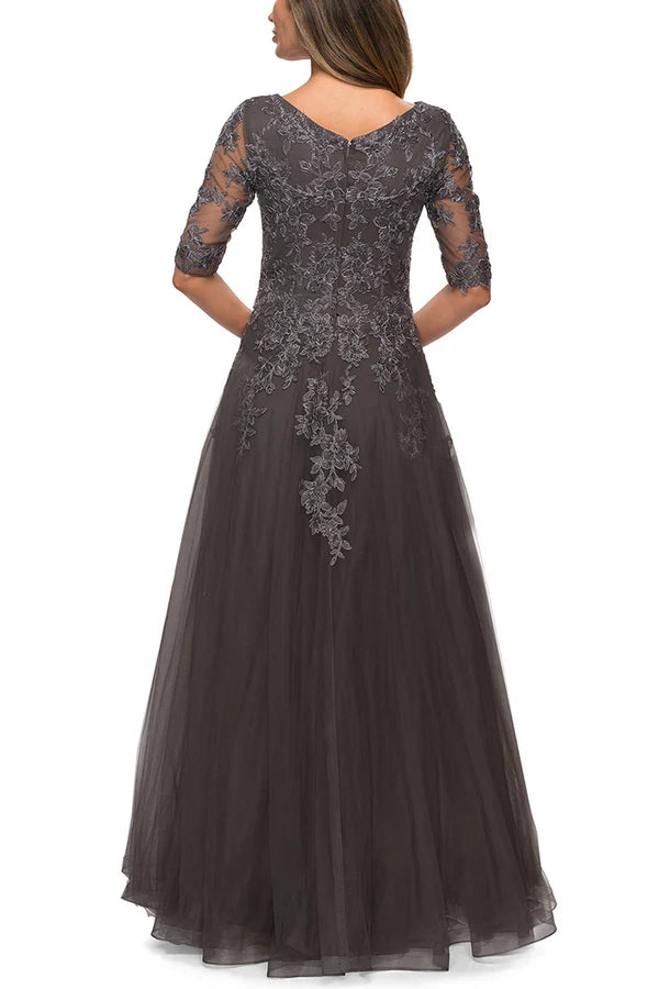 A-line V-neck lace decal 3/4 sleeve elegant mother of the bride dress