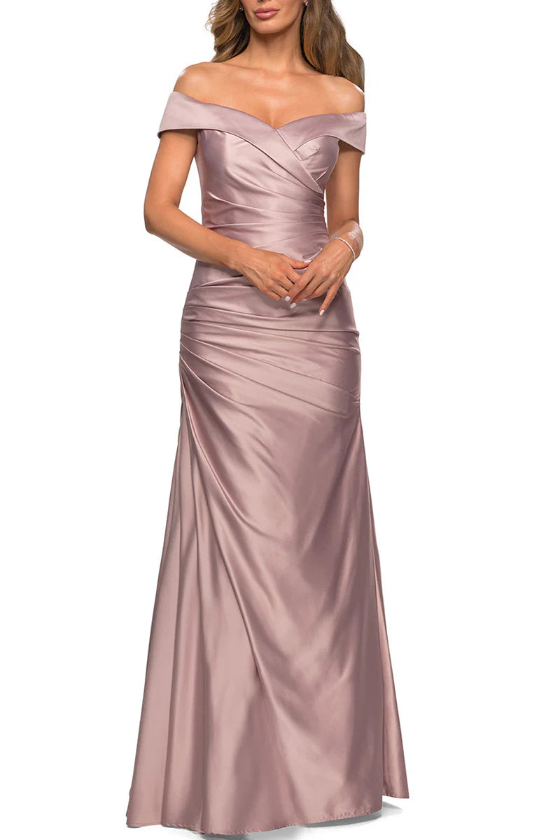 Off shoulder satin pleats elegant mother of the bride dress