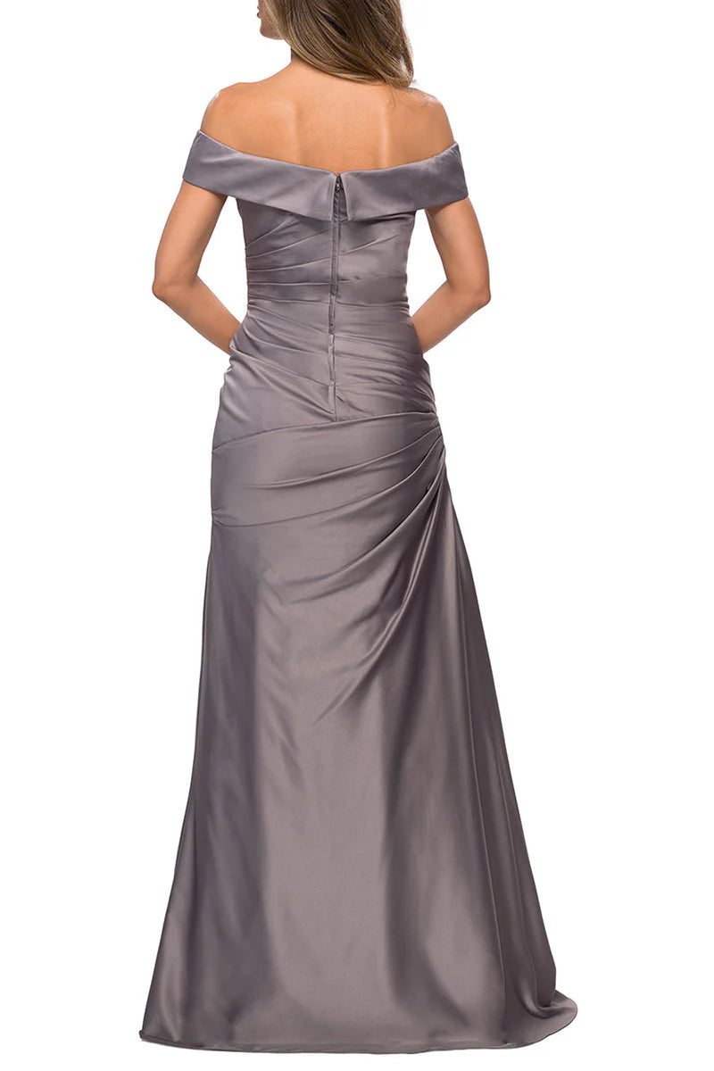 Off shoulder satin pleats elegant mother of the bride dress