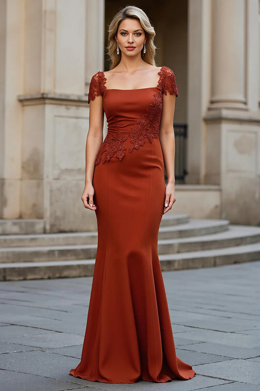 Lace-appliqué crepe mermaid square-neck cap-sleeve floor-length mother of the bride dresses