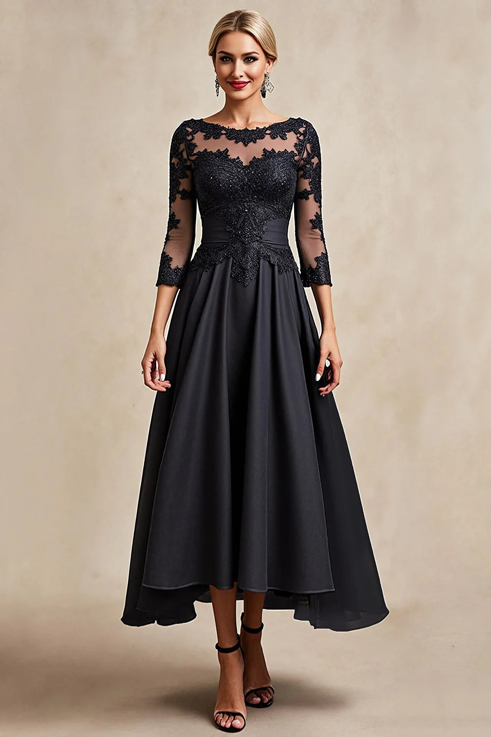 Lace-chiffon A-line illusion neck three-quarter sleeve tea-length mother of the bride dresses