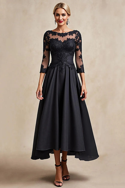 Lace-chiffon A-line illusion neck three-quarter sleeve tea-length mother of the bride dresses