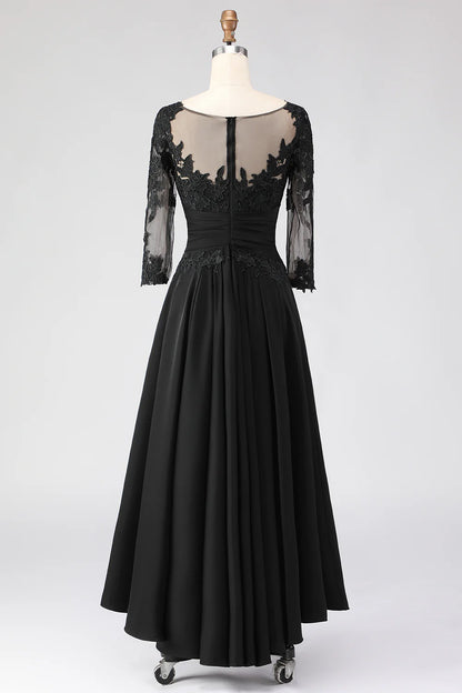 Lace-chiffon A-line illusion neck three-quarter sleeve tea-length mother of the bride dresses