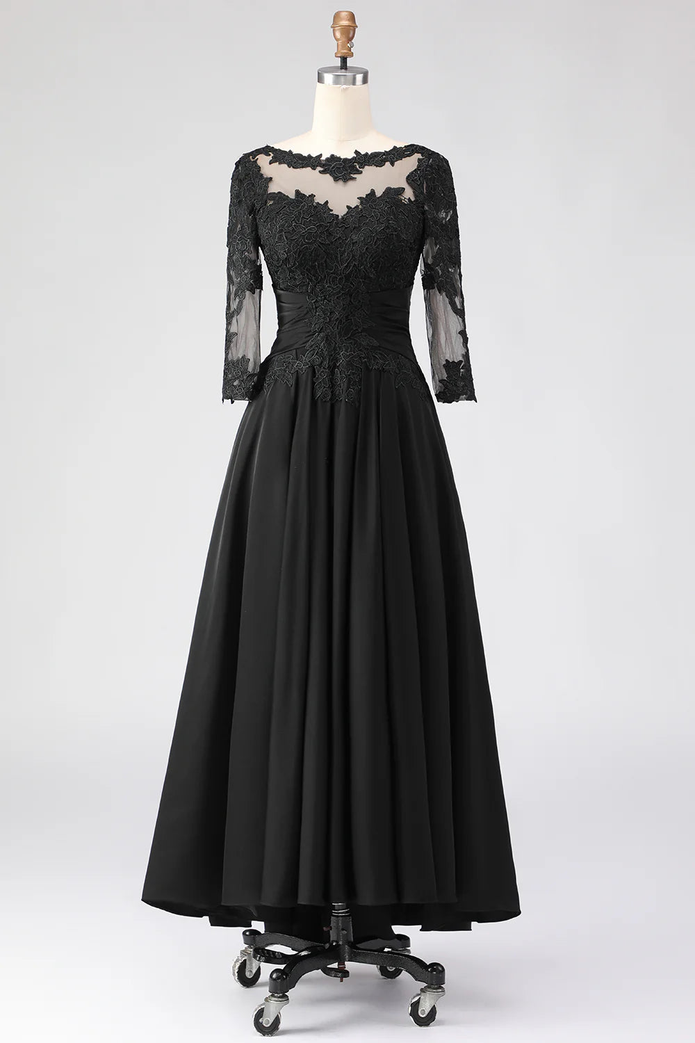 Lace-chiffon A-line illusion neck three-quarter sleeve tea-length mother of the bride dresses