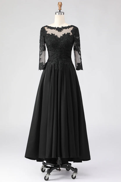 Lace-chiffon A-line illusion neck three-quarter sleeve tea-length mother of the bride dresses