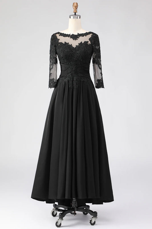 Lace-chiffon A-line illusion neck three-quarter sleeve tea-length mother of the bride dresses