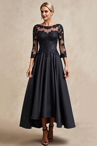 Lace-chiffon A-line illusion neck three-quarter sleeve tea-length mother of the bride dresses