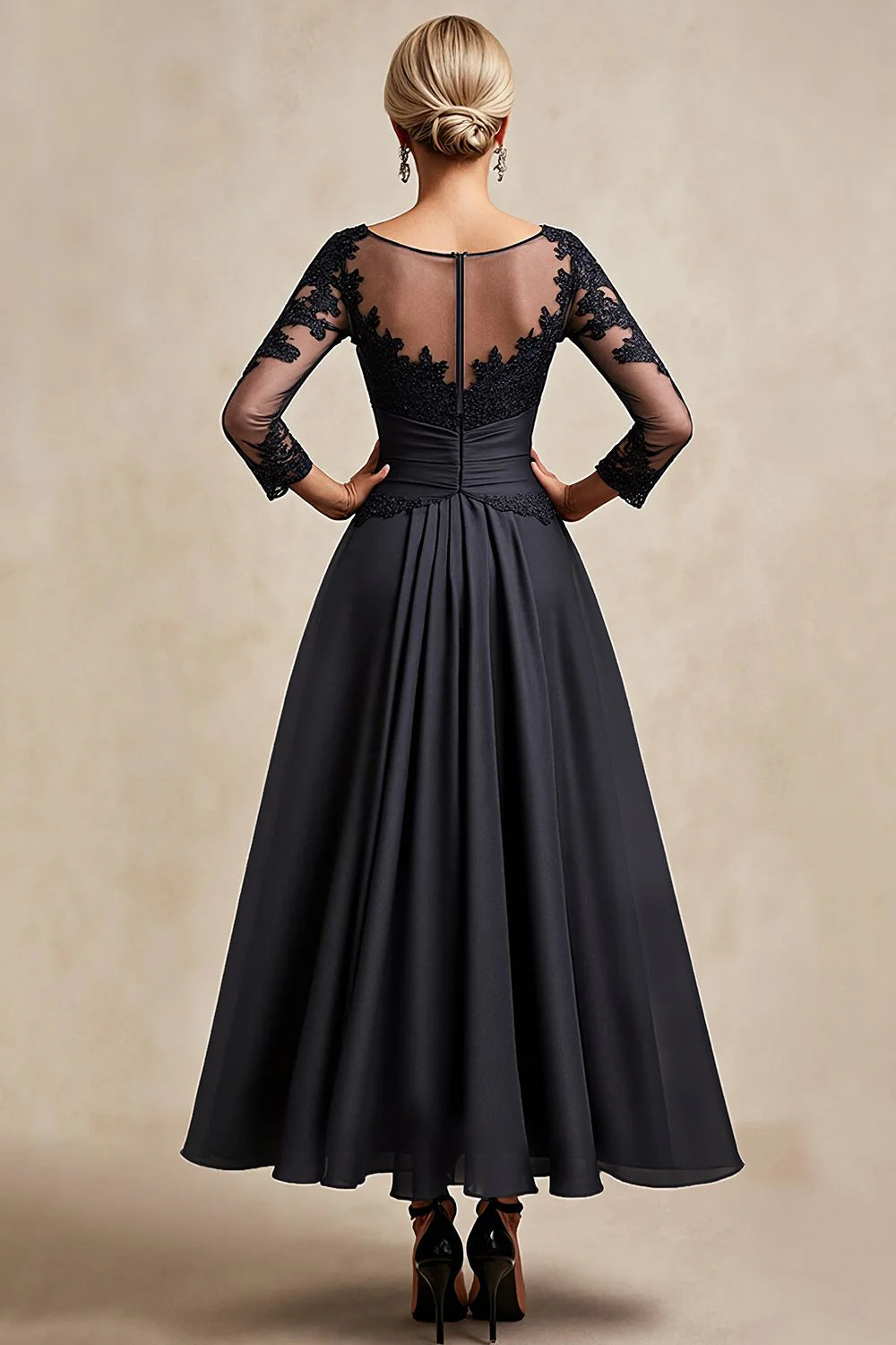 Lace-chiffon A-line illusion neck three-quarter sleeve tea-length mother of the bride dresses