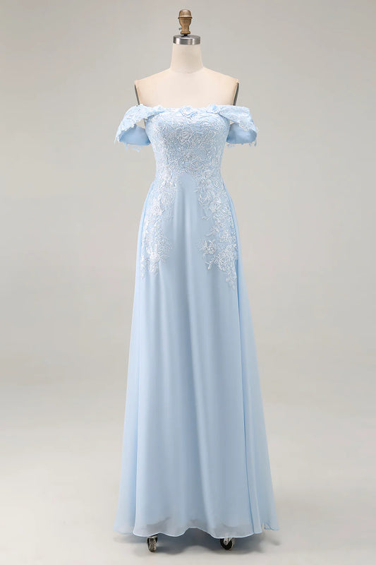 Lace-chiffon A-line off-the-shoulder short-sleeve floor-length mother of the bride dresses