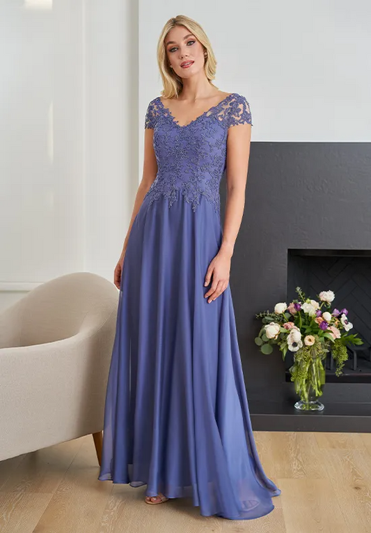 Lace Cap Sleeve V-Neck Chiffon A-Line Floor-Length Mother of the Bride Dresses