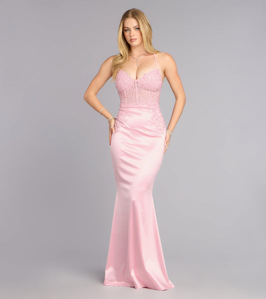 Lace Corset Satin Mermaid Spaghetti Strap Lace-Up Open Back Floor Length Evening Dress