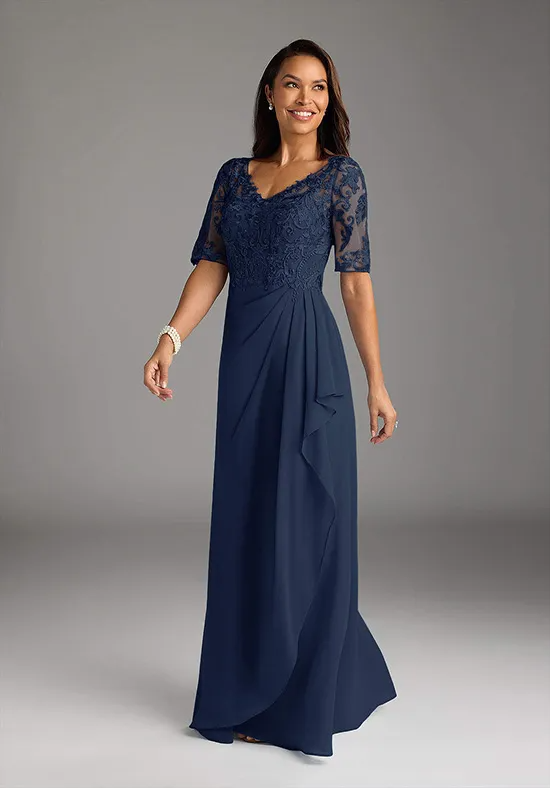 Elegant Lace Chiffon A-Line V-Neck Elbow-Sleeve Draped Floor-Length Mother Dress