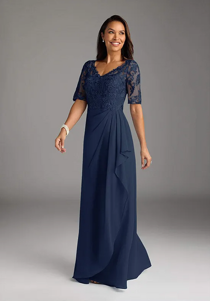 Elegant Lace Chiffon A-Line V-Neck Elbow-Sleeve Draped Floor-Length Mother Dress