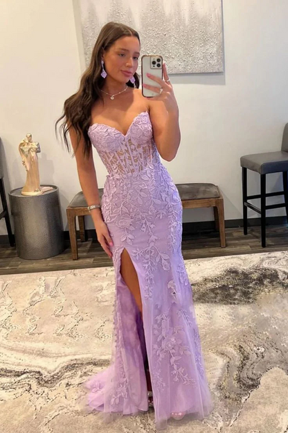 Lace Mermaid Sweetheart Strapless Corset-Back Floor-Length Slit Prom Dress