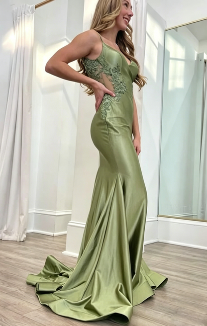 Lace Mermaid V-Neck Spaghetti Straps Low-Back Floor-Length Satin Prom Dress