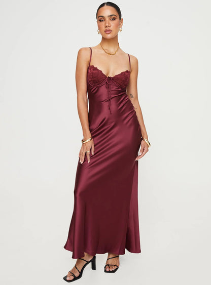 Lace Trim Sweetheart Neck Spaghetti Strap Satin Mermaid Evening Dress with Smocked Back Cutout