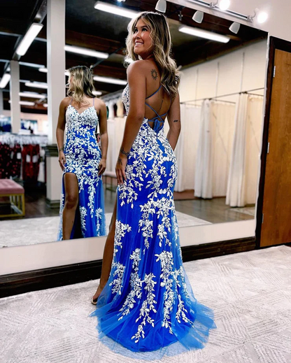 Lace V-Neck Spaghetti Strap Crisscross Back High-Slit Mermaid Floor-Length Prom Dress