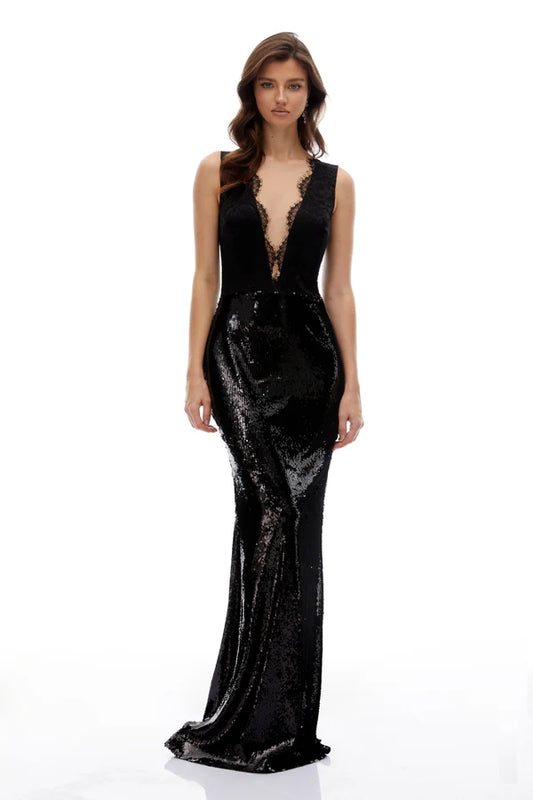 Lace & Sequin Mermaid Sleeveless Illusion V-Neck Floor Length Evening Dress with Plunge Neck