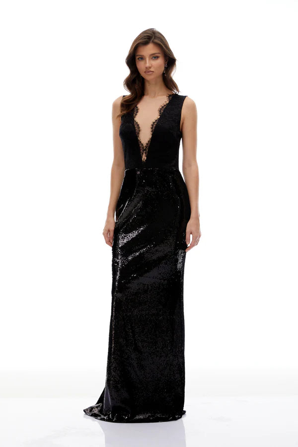 Lace & Sequin Mermaid Sleeveless Illusion V-Neck Floor Length Evening Dress with Plunge Neck