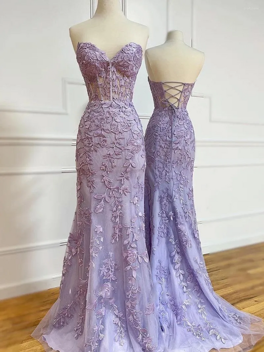 Lavender Floral Lace Mermaid Strapless Corset Lace Up Floor Length Prom Dresses