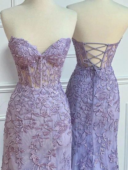 Lavender Floral Lace Mermaid Strapless Corset Lace Up Floor Length Prom Dresses
