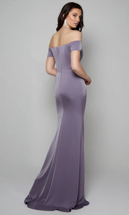 Lavender Off-the-Shoulder Satin Mermaid Ruched Waist Slit Mother of the Bride Dress