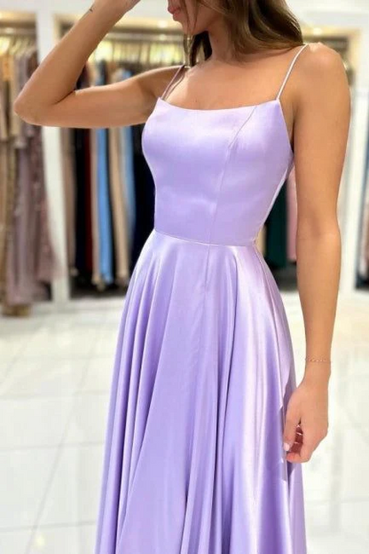 Elegant Lavender Satin A-Line Square Neck Spaghetti Strap Lace-Up Back Prom Gown