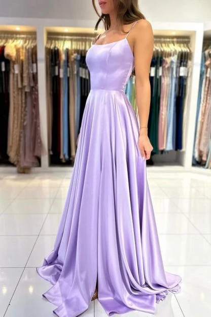 Elegant Lavender Satin A-Line Square Neck Spaghetti Strap Lace-Up Back Prom Gown