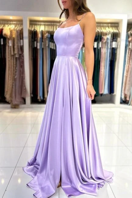 Lavender Satin A-Line Square Neck Spaghetti Strap Lace-Up Back Floor-Length Prom Dress