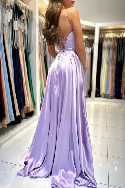 Elegant Lavender Satin A-Line Square Neck Spaghetti Strap Lace-Up Back Prom Gown