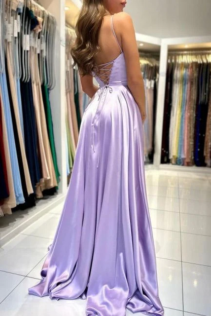Elegant Lavender Satin A-Line Square Neck Spaghetti Strap Lace-Up Back Prom Gown