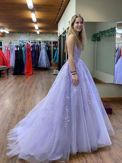 Dreamy Tulle Lace A-Line Strapless Floral Lace-Up Lavender Floor-Length Prom Dress