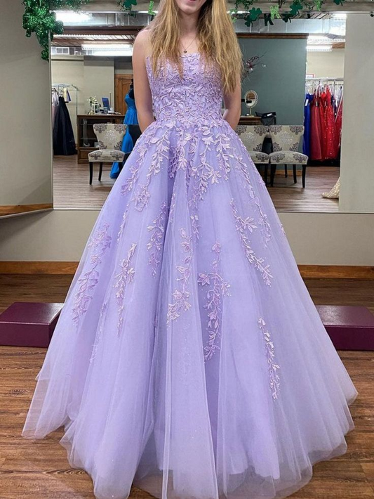Lavender Strapless A-Line Floral Lace-Up Back Floor-Length Prom Dress with Tulle Skirt
