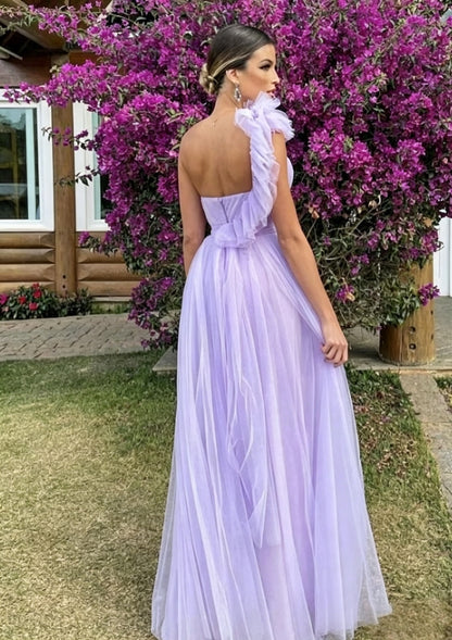 Lavender Tulle A-Line Sweetheart Neck One Shoulder Open Back Floor Length Prom Dresses