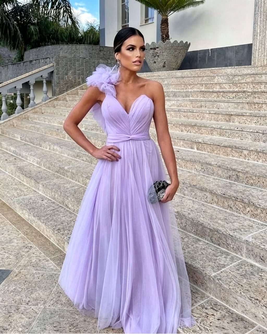 Lavender Tulle A-Line Sweetheart Neck One Shoulder Open Back Floor Length Prom Dresses