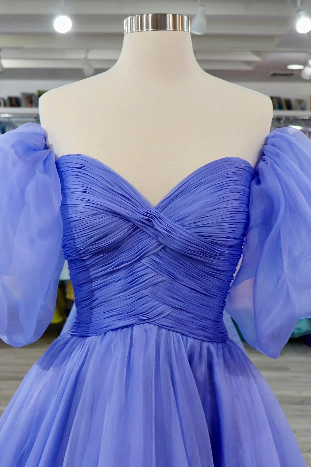 Elegant Tulle A-Line Off-Shoulder Puff Sleeve Ruched Lavender Floor-Length Prom Gown